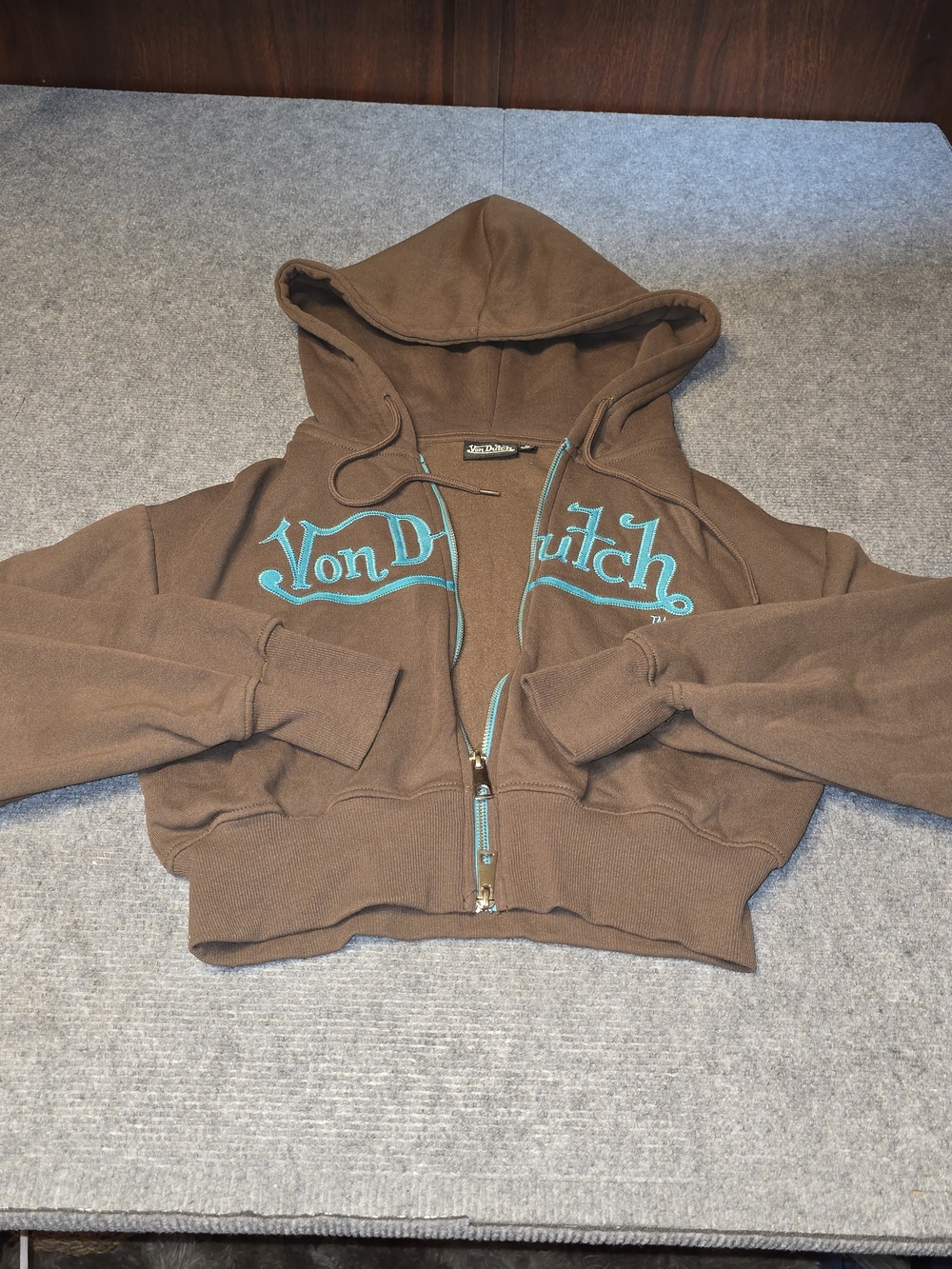 Von Dutch Brown Turquoise Rhinestone Logo Zip Hoodie Size M Y2K
